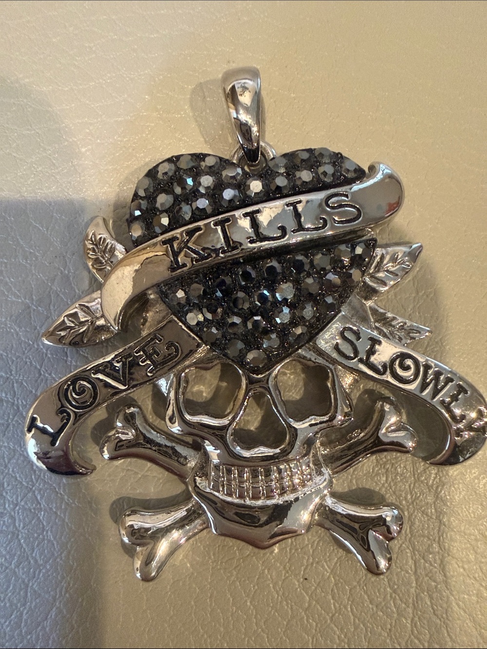 Ed Hardy Silver-Tone Skull & Heart Pendant with Black Crystals